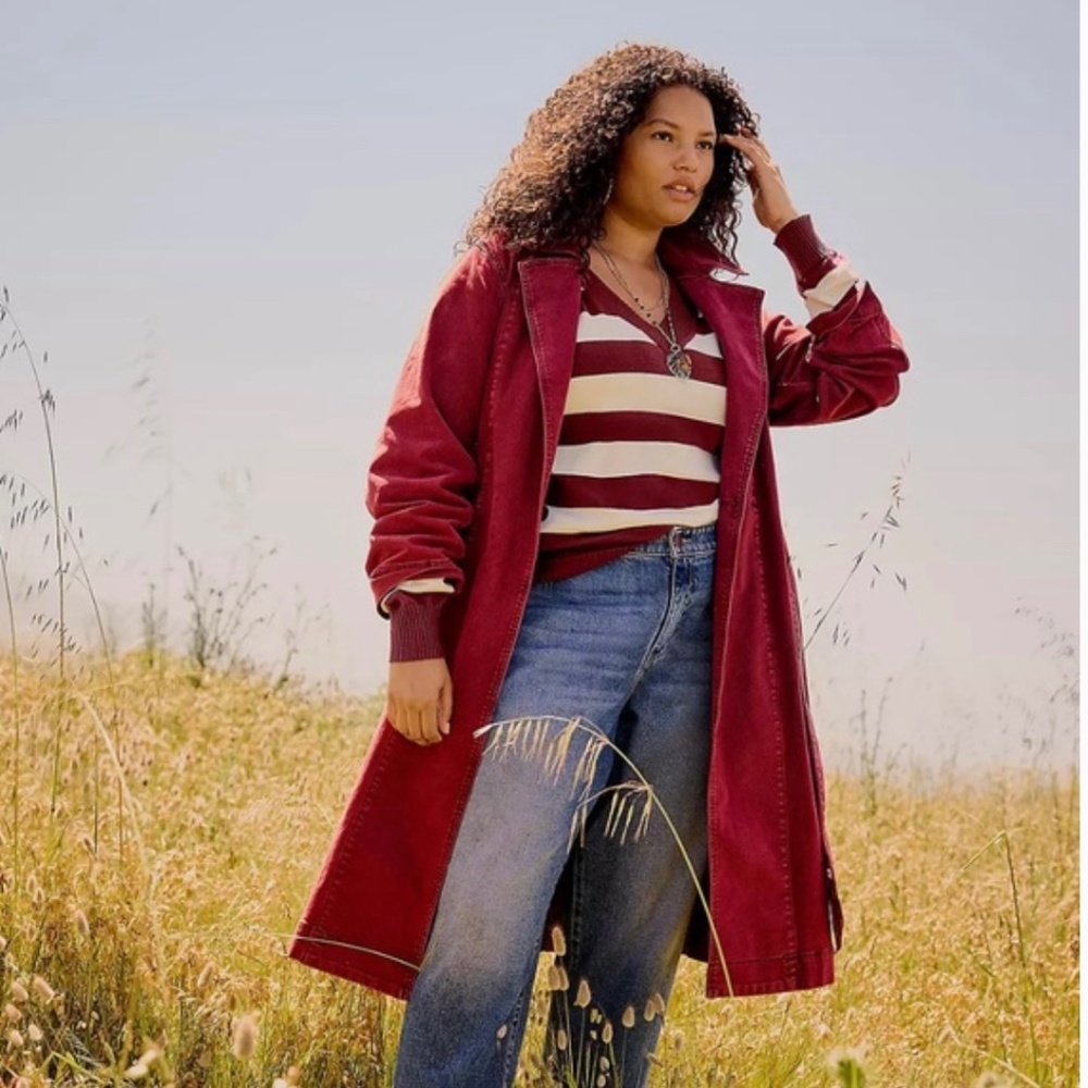 Lane Bryant NWT red denim cotton stretch midi/maxi trench coat. Denim coat
